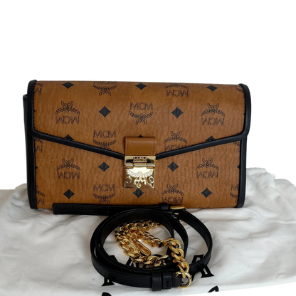 MCM Tracy Medium Crossbody Visetos Cognac Schwarz Gold Kette MCM