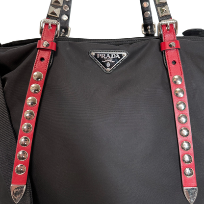 Prada Nylon New Vela Studded Tote Bag schwarz / sehr gut Prada
