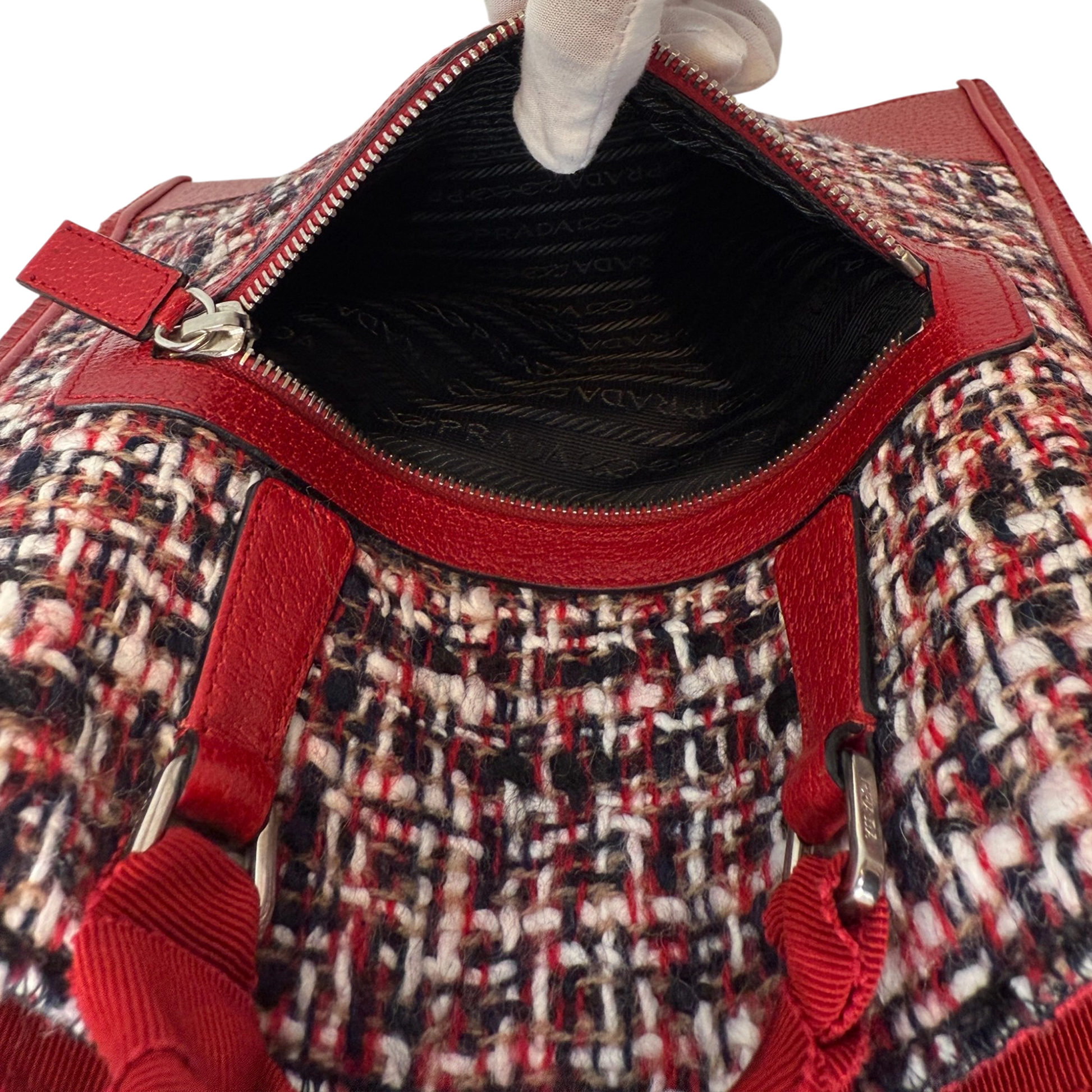 Prada Shopping Tote Bag Tweed/Bouclé rot / sehr gut Echtheitscheck
