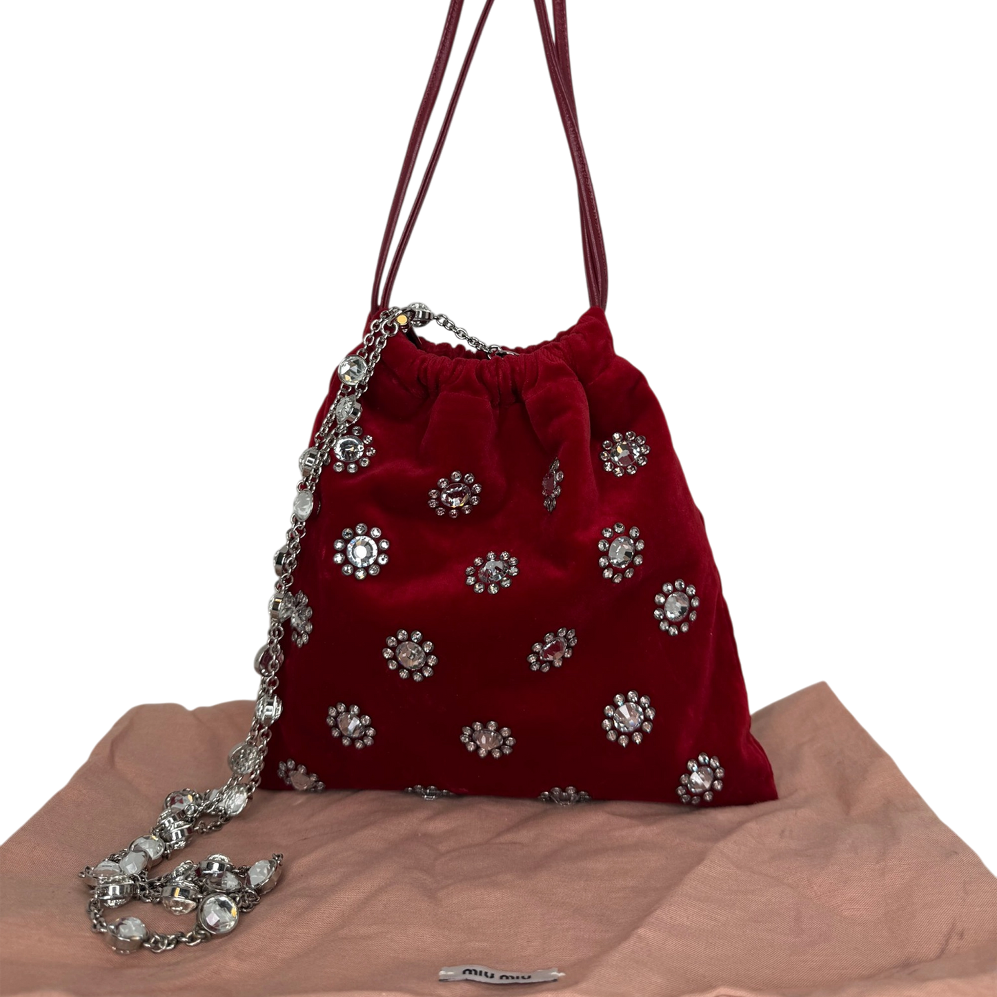 MIU MIU Crystal-Embellished Velvet Clutch on Chain  rot / neuwertig MIU MIU