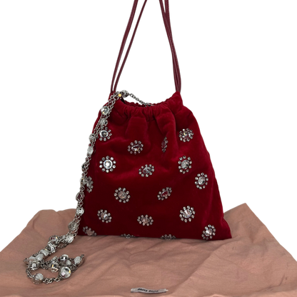 MIU MIU Crystal-Embellished Velvet Clutch on Chain  rot / neuwertig MIU MIU