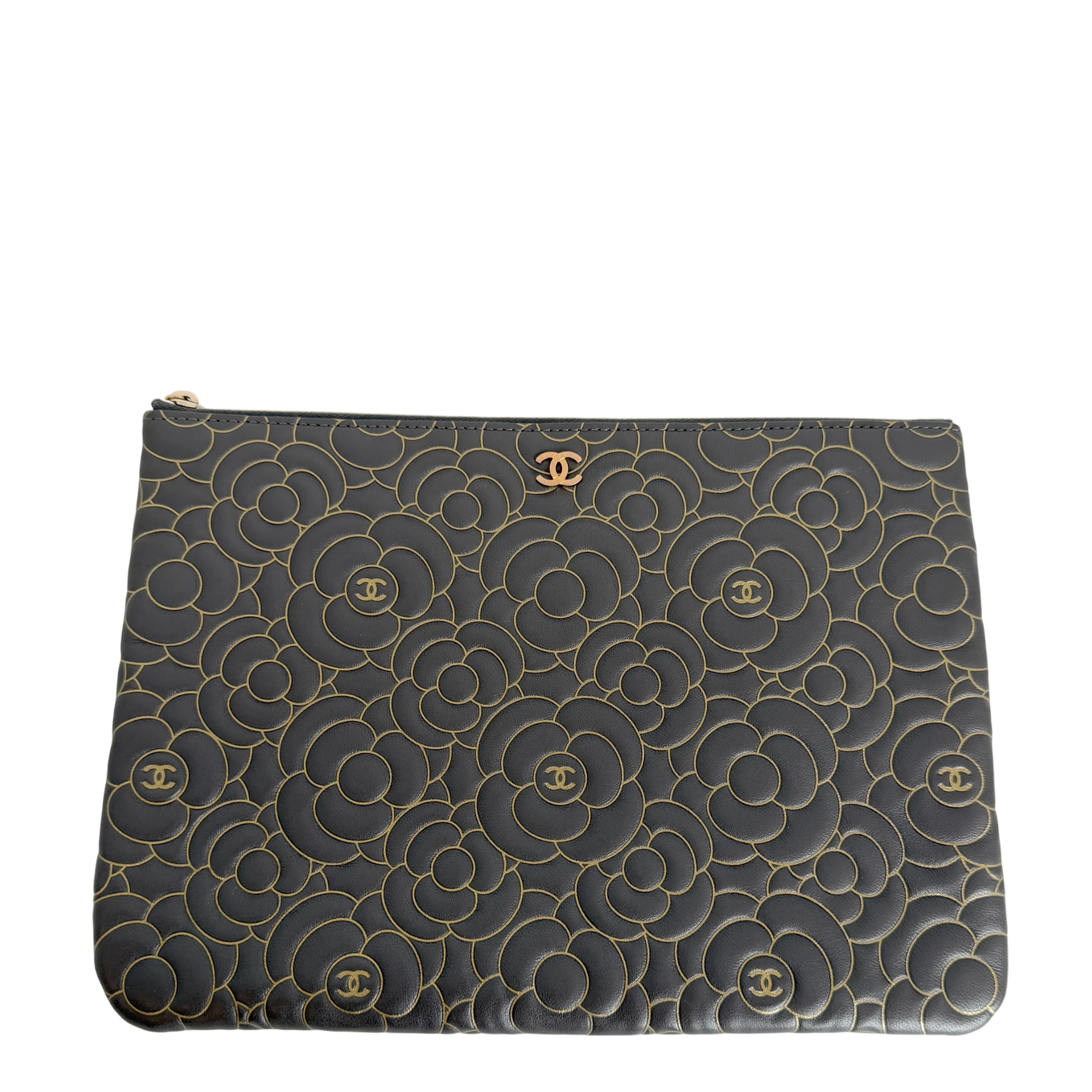 Chanel O Case Medium Camellia Lammleder Schwarz Gold Clutch