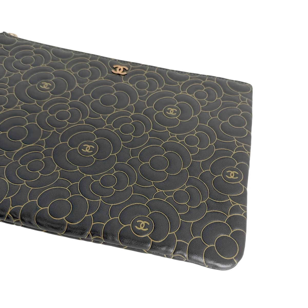 Chanel O Case Medium Camellia Lammleder Schwarz Gold Clutch