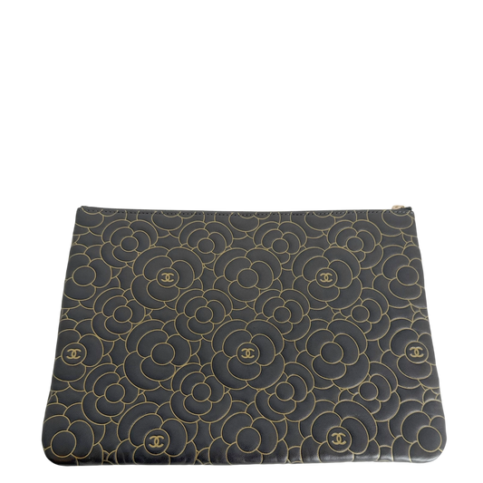 Chanel O Case Medium Camellia Lammleder Schwarz Gold Clutch – Ansicht 2