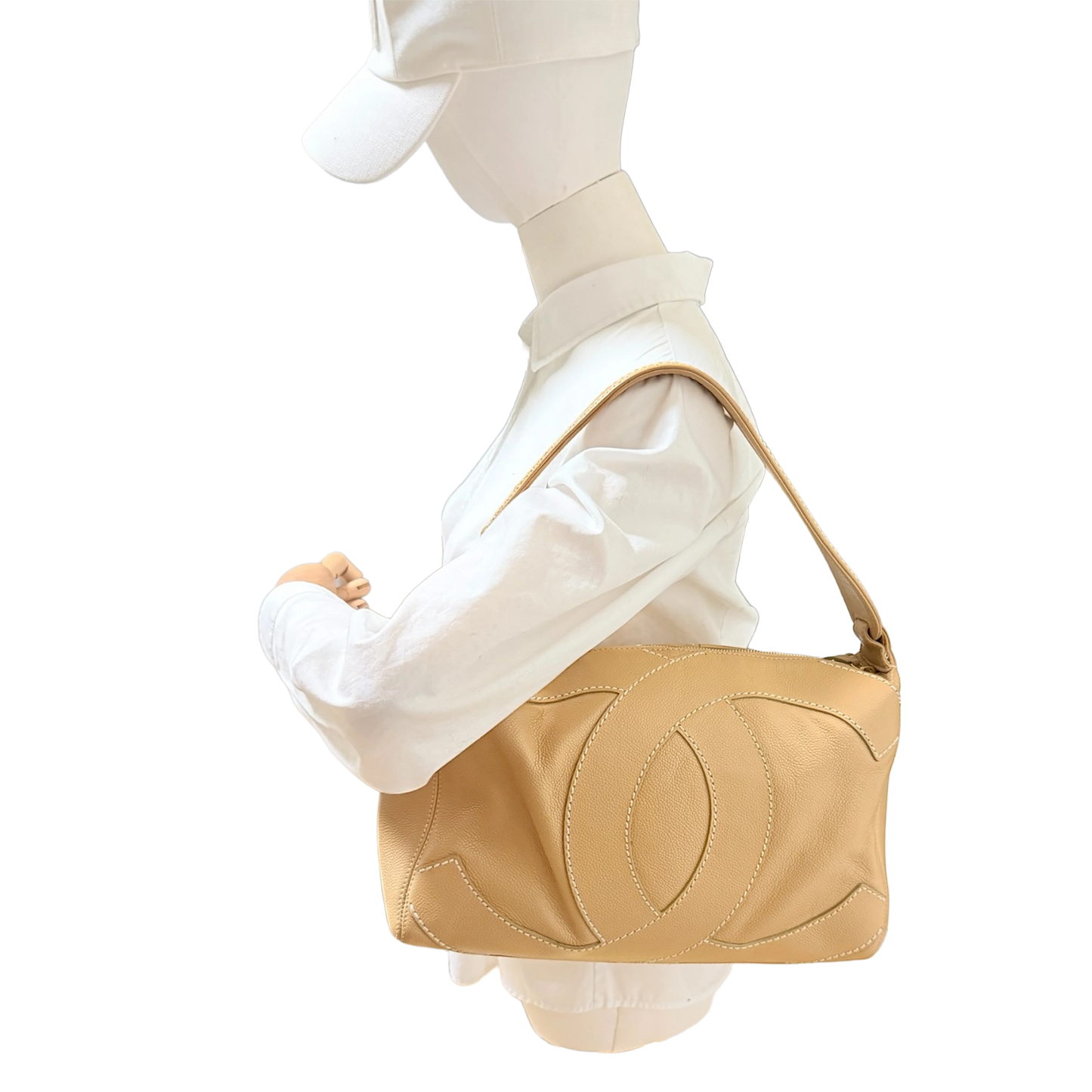 Chanel Vintage CC Stitch Schultertasche Kaviarleder beige braun / sehr gut Chanel