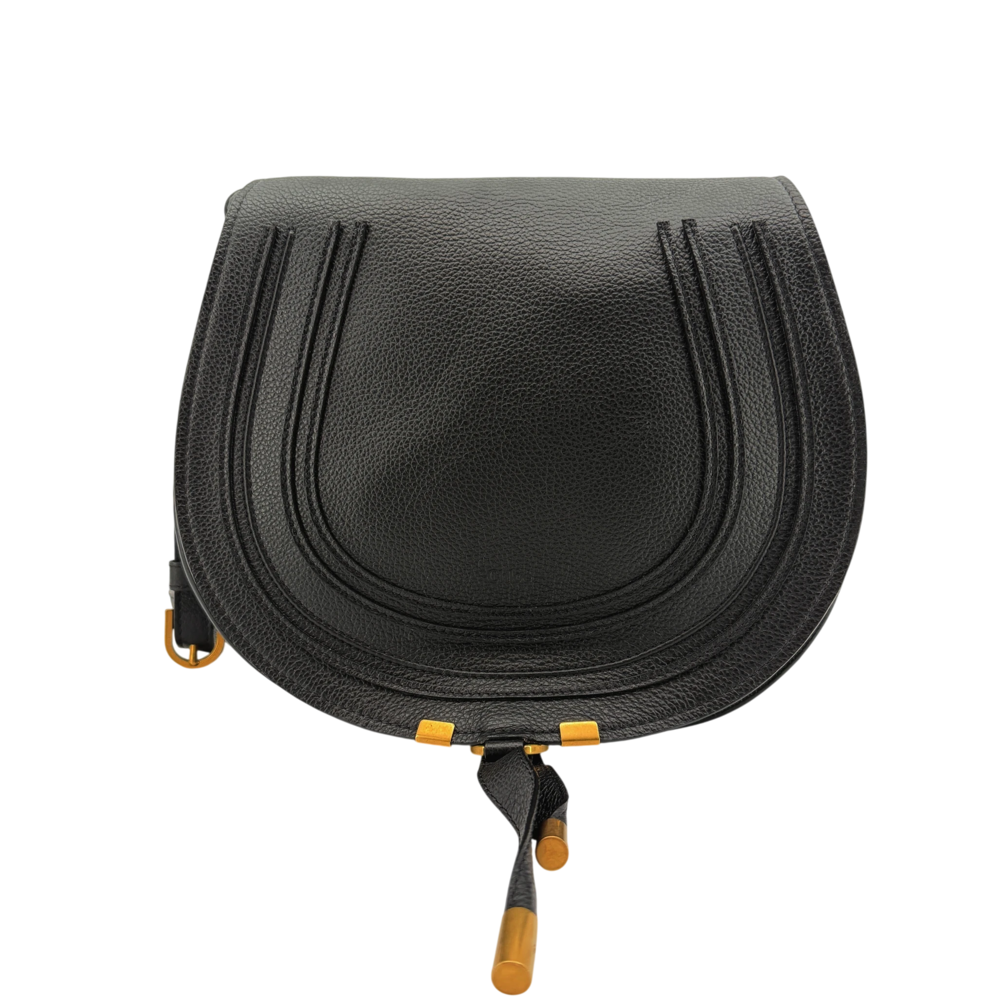 Chloé Marcie Medium Saddle Bag Genarbtes Kalbsleder Schwarz Gold