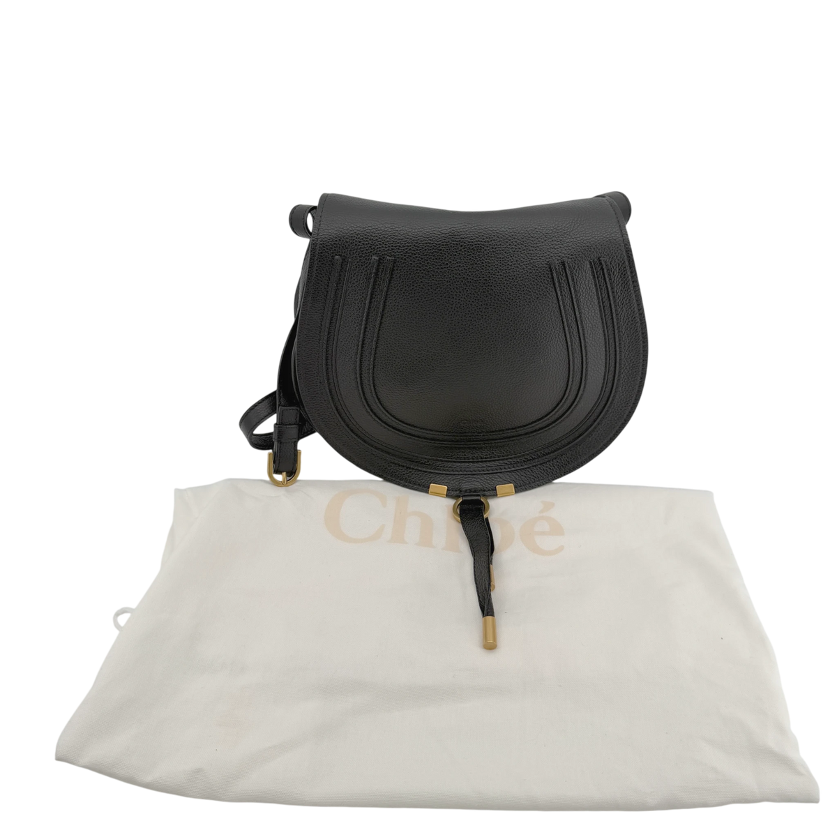 Chloé Marcie Medium Saddle Bag Genarbtes Kalbsleder Schwarz Gold