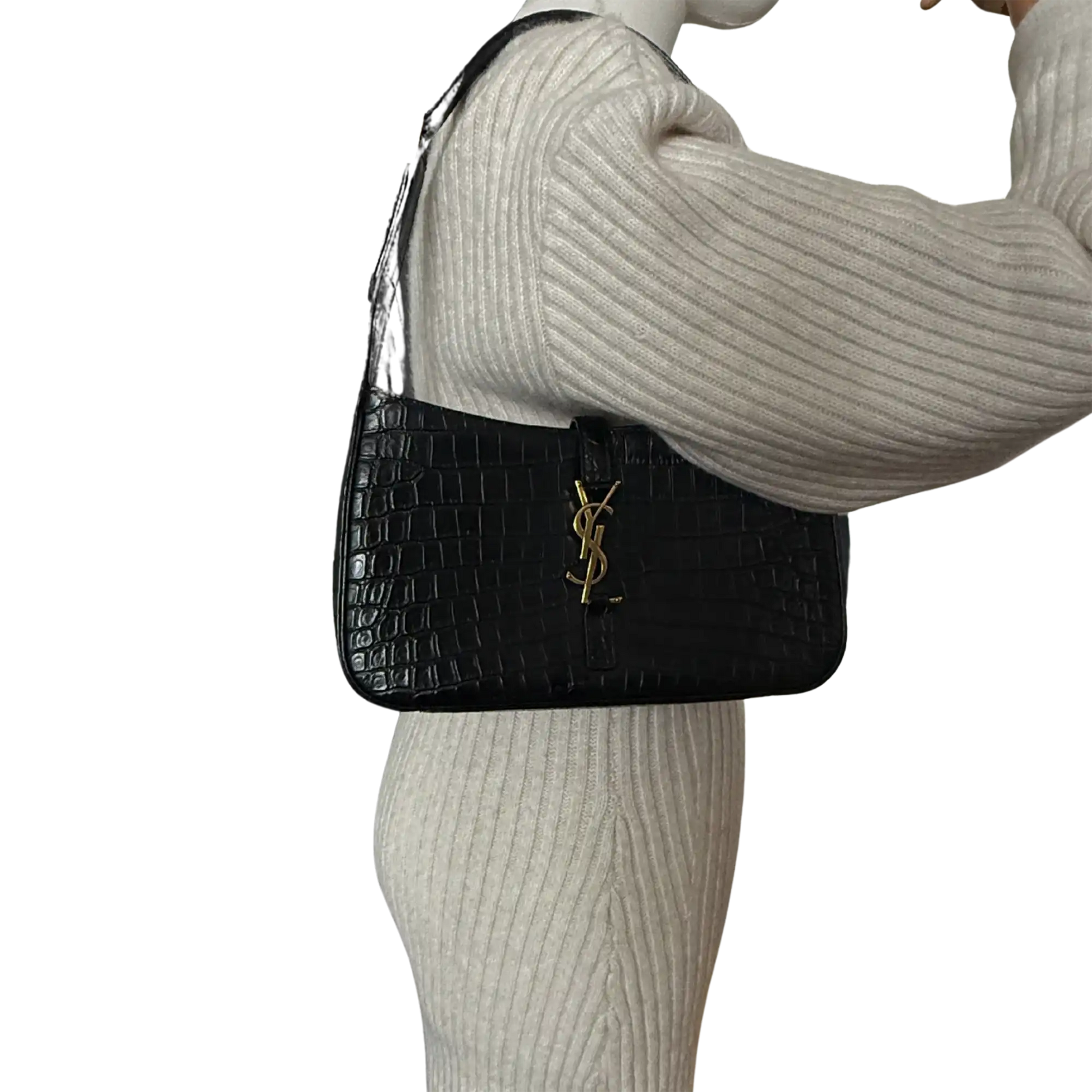 Saint Laurent LE 5 À 7 glänzendes Leder Krokodilprägung Schwarz / sehr gut Saint Laurent