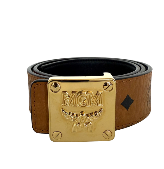 MCM Brass Plate Gold Buckle Gürtel Braun 90cm / sehr gut MCM