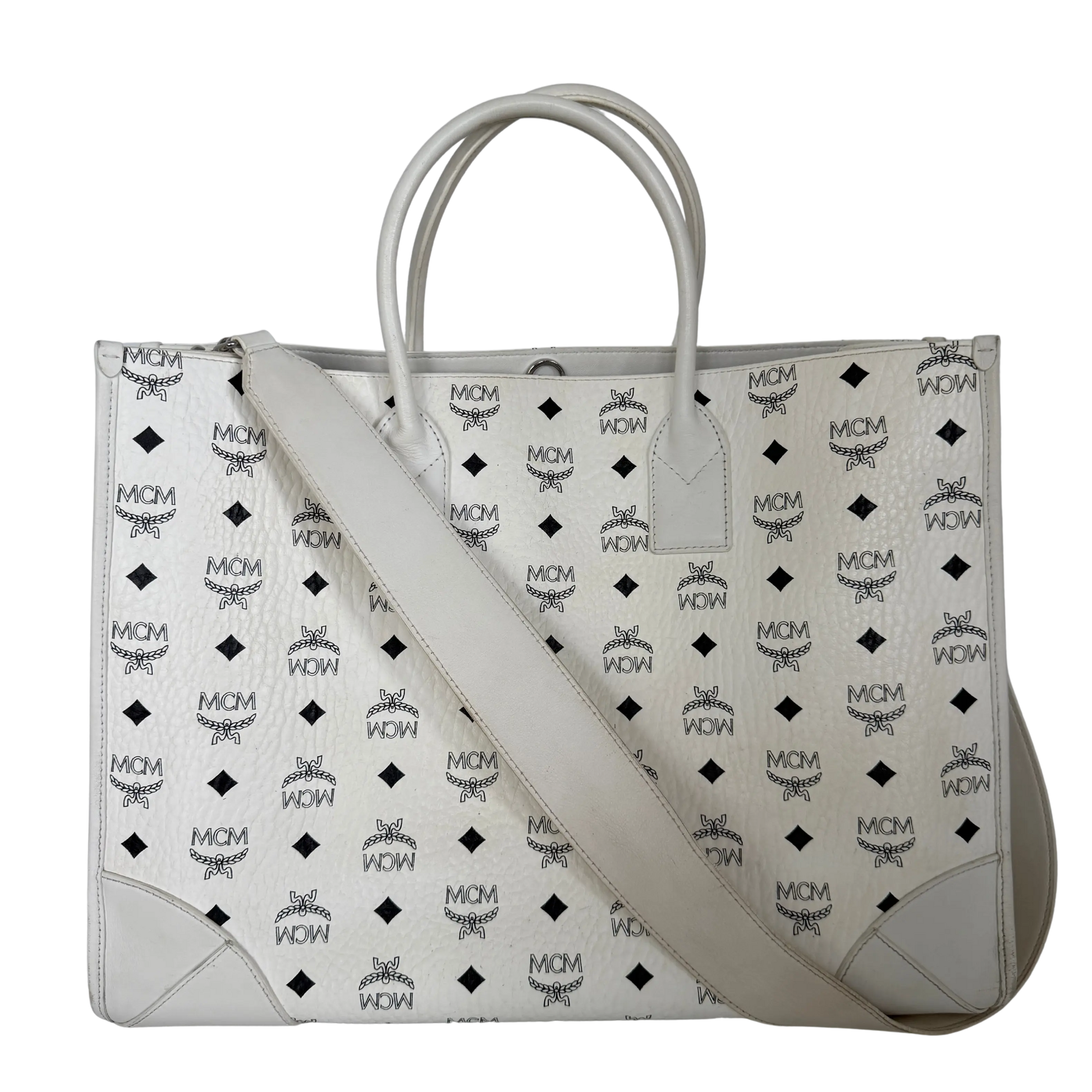MCM München Tragetasche in Visetos weiß mit abnehmbarer Pouch /gut MCM