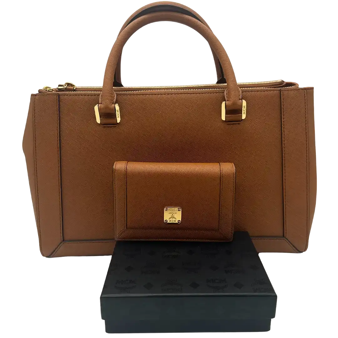 MCM Saffiano Leder Handtasche Cognac braun / ungetragen MCM