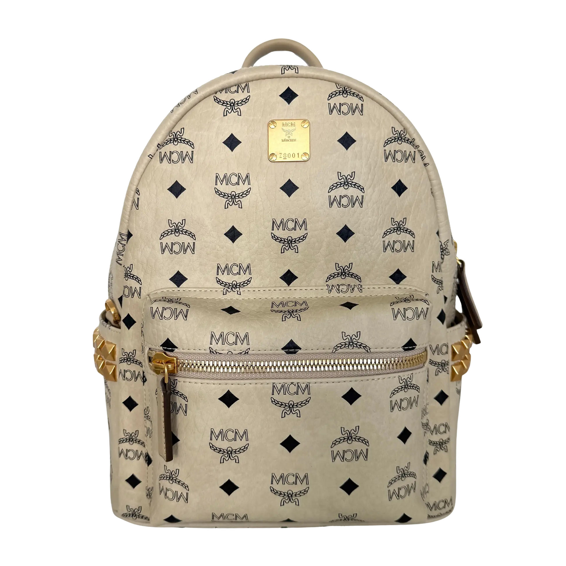 MCM Stark Rucksack in Visetos mit seitlichen Nieten Small Beige / neuwertig MCM