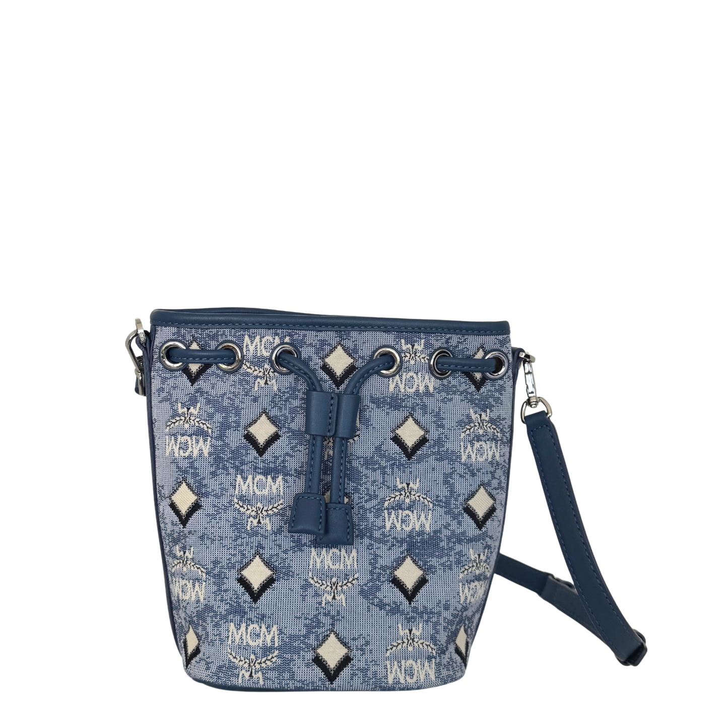 MCM Mini Dessau Kordelzugtasche in Denim-Jacquard Blau / neuwertig MCM