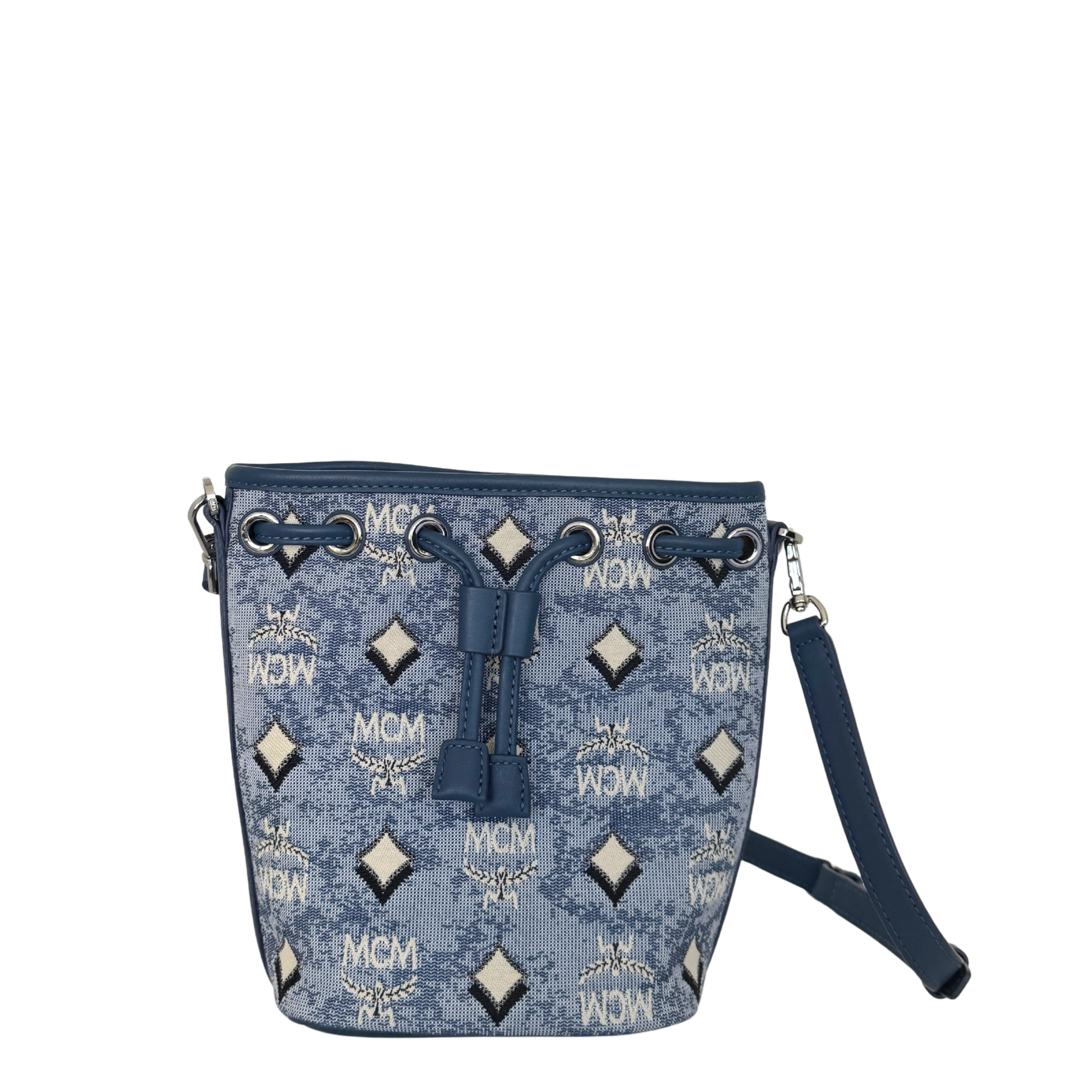 MCM Mini Dessau Kordelzugtasche in Denim-Jacquard Blau / neuwertig MCM