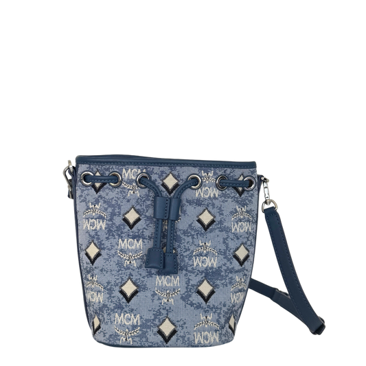 MCM Mini Dessau Kordelzugtasche in Denim-Jacquard Blau / neuwertig MCM