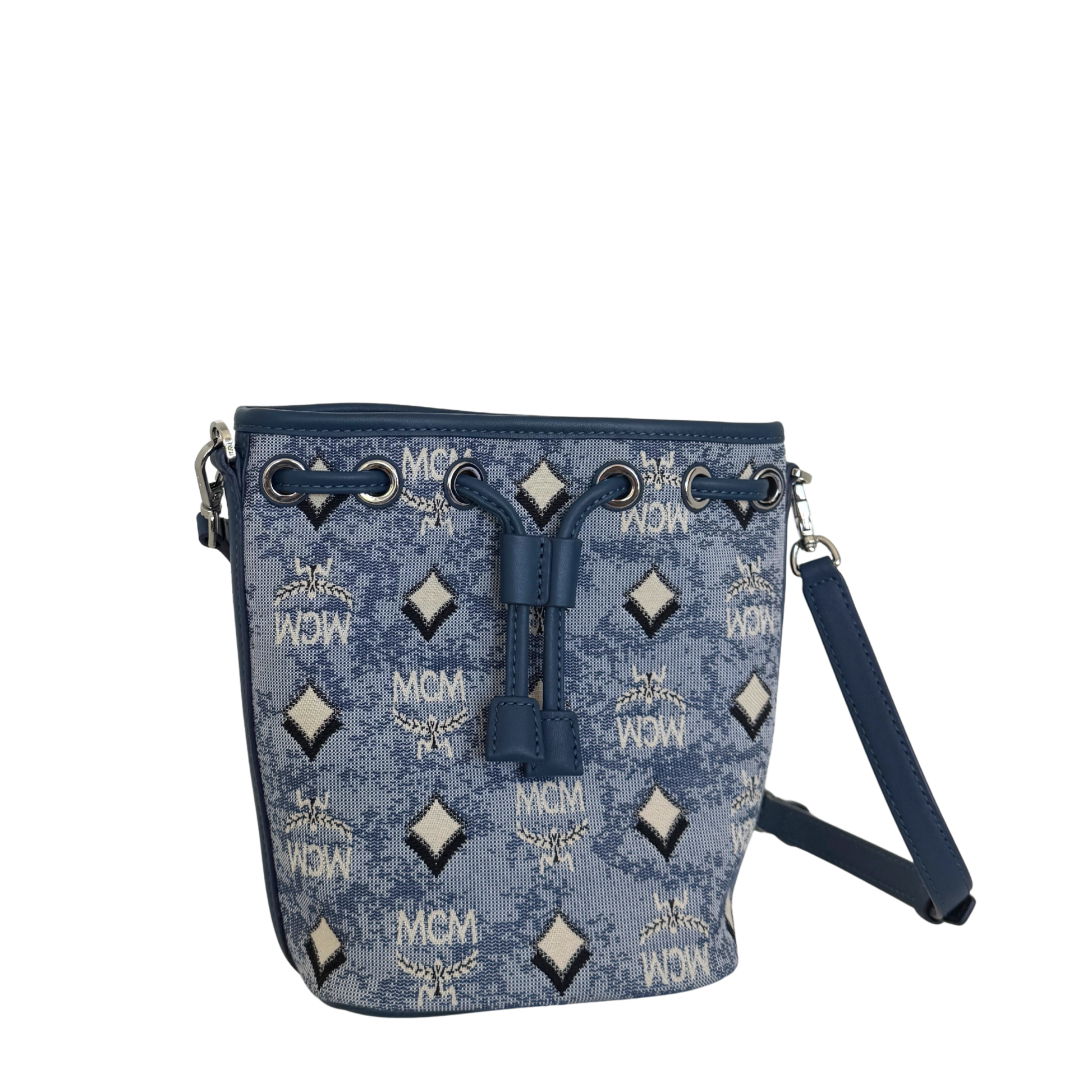 MCM Mini Dessau Kordelzugtasche in Denim-Jacquard Blau / neuwertig MCM