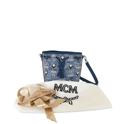 MCM Mini Dessau Kordelzugtasche in Denim-Jacquard Blau / neuwertig MCM