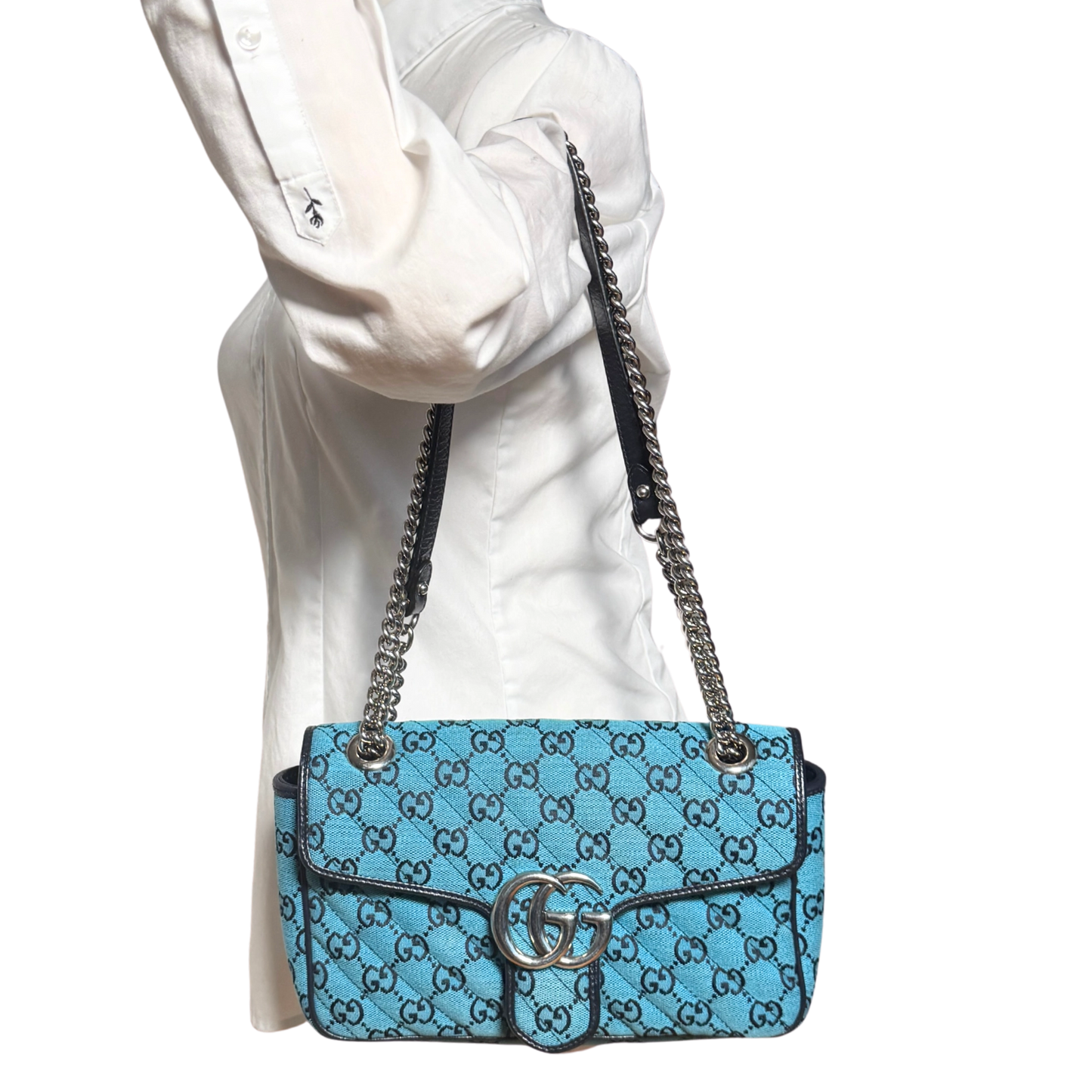 Gucci GG Marmont Schultertasche Denim Blau / sehr gut