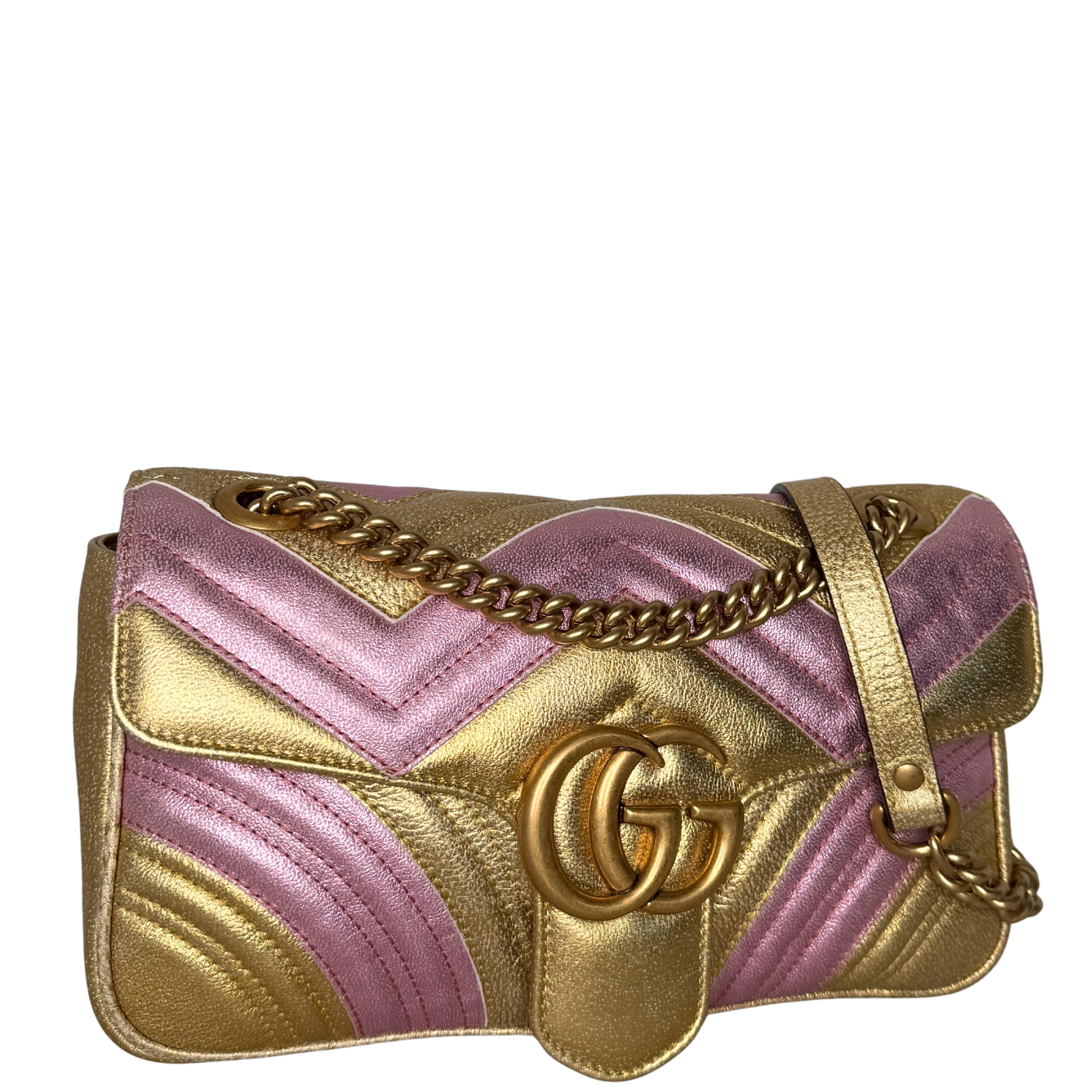 Gucci GG Marmont Matelasse Schultertasche aus gestepptem Leder Gold Pink / gut Gucci
