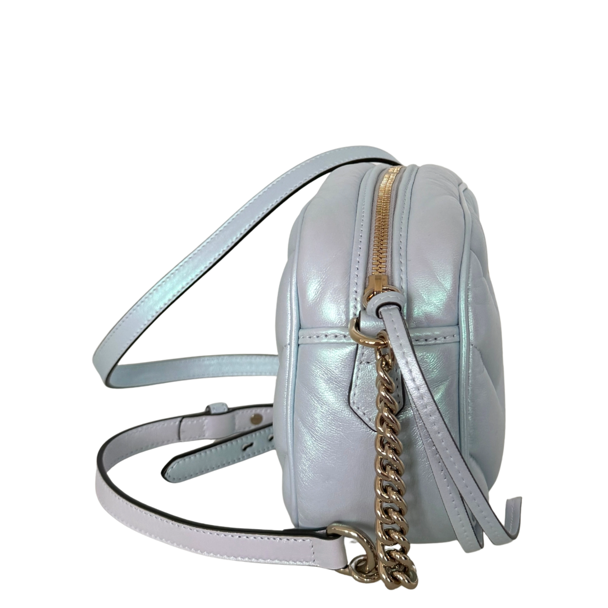 Gucci Kleine GG Marmont Schultertasche Metallicblau Fullset / neuwertig Gucci