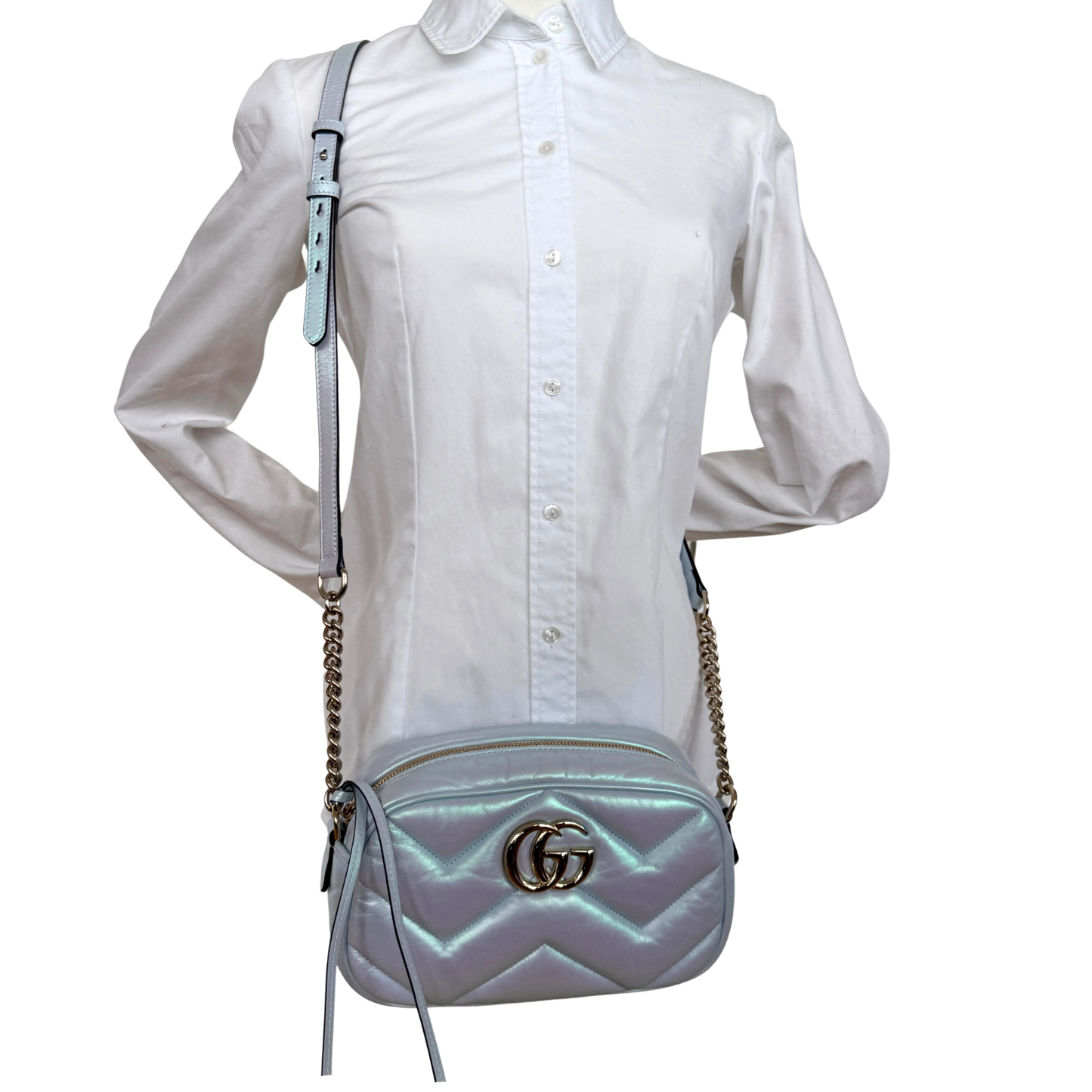 Gucci Kleine GG Marmont Schultertasche Metallicblau Fullset / neuwertig Gucci