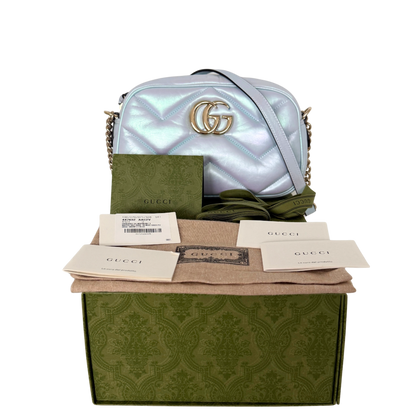 Gucci Kleine GG Marmont Schultertasche Metallicblau Fullset / neuwertig Gucci
