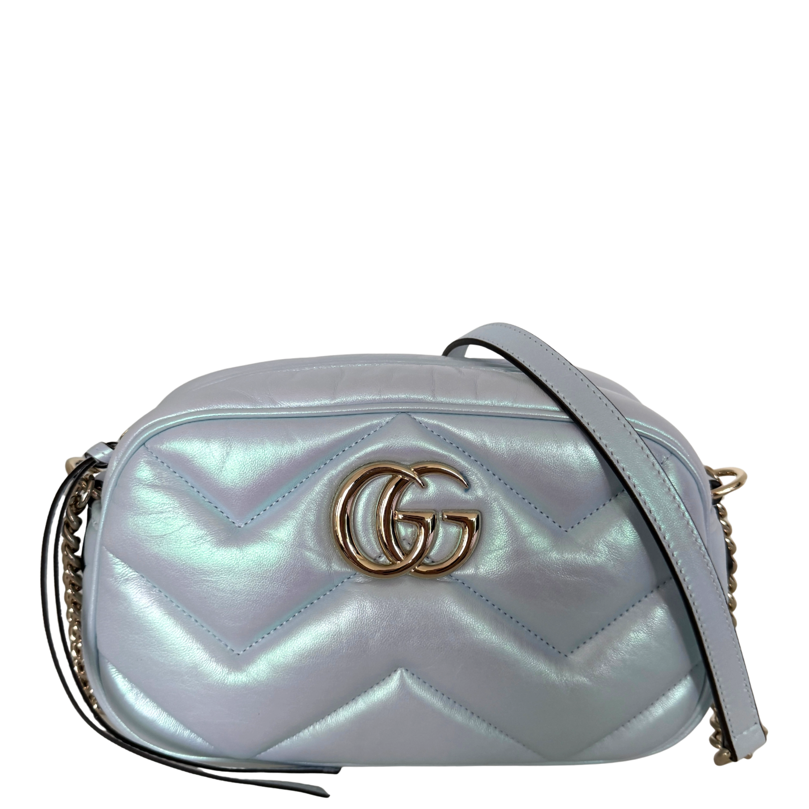 Gucci Kleine GG Marmont Schultertasche Metallicblau Fullset / neuwertig Gucci
