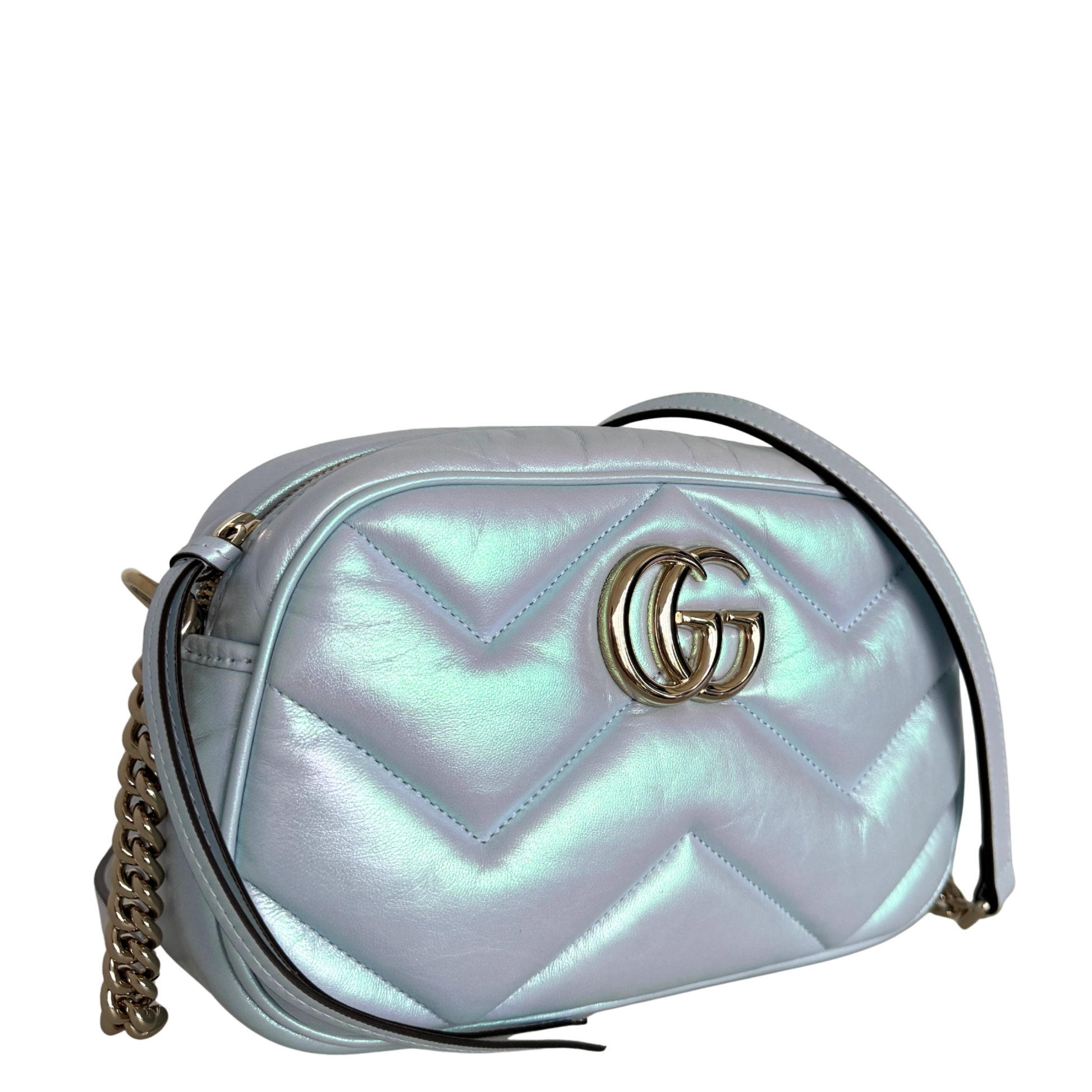 Gucci Kleine GG Marmont Schultertasche Metallicblau Fullset / neuwertig Gucci