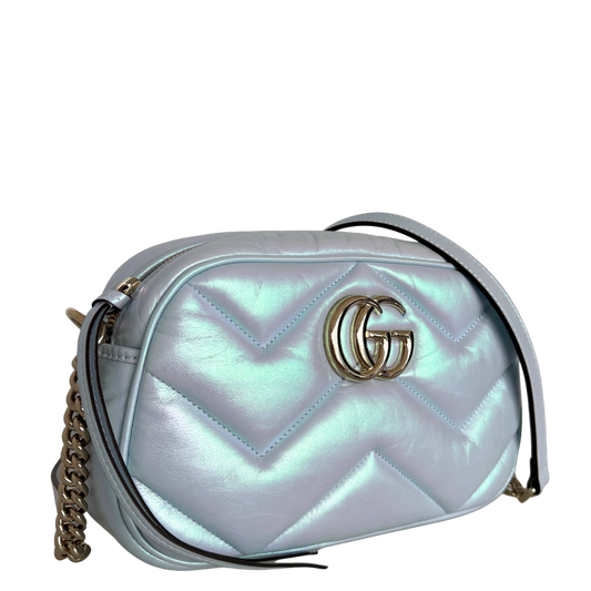 Gucci Kleine GG Marmont Schultertasche Metallicblau Fullset / neuwertig Gucci