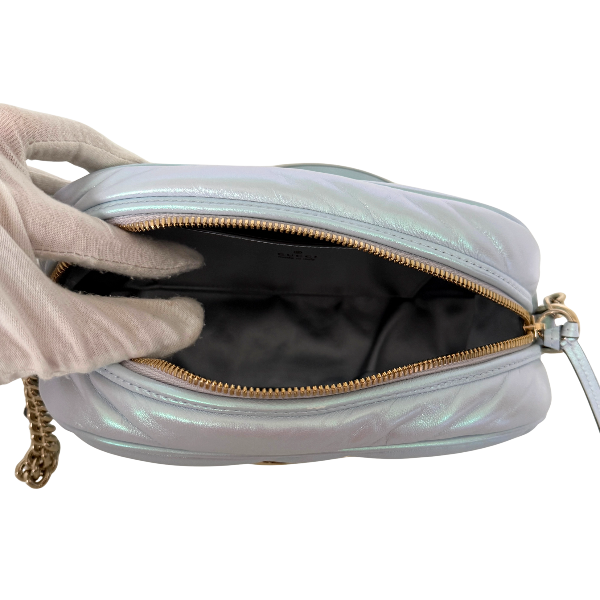 Gucci Kleine GG Marmont Schultertasche Metallicblau Fullset / neuwertig Gucci