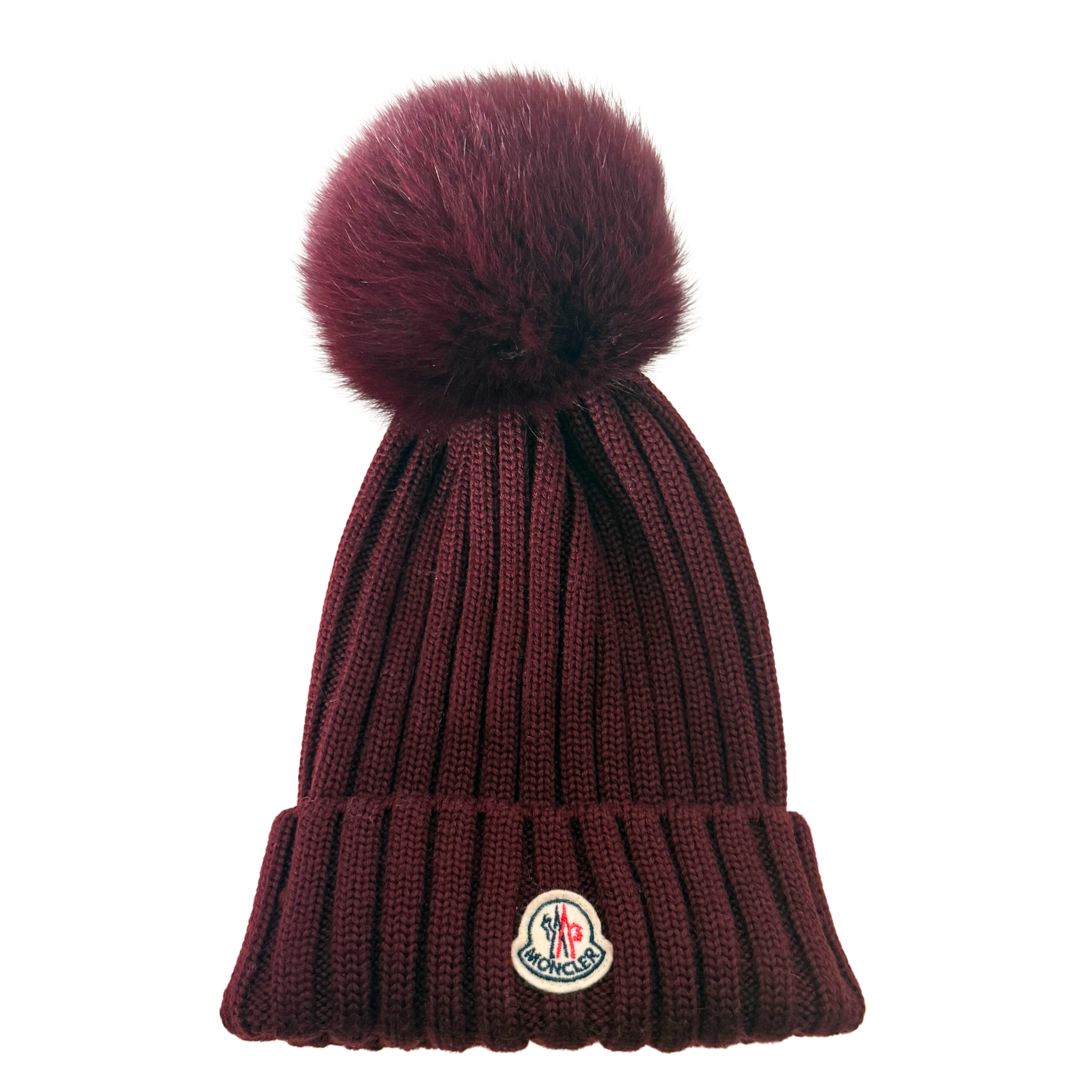 Moncler gerippte Strickmütze aus Wolle Weinrot / sehr gut