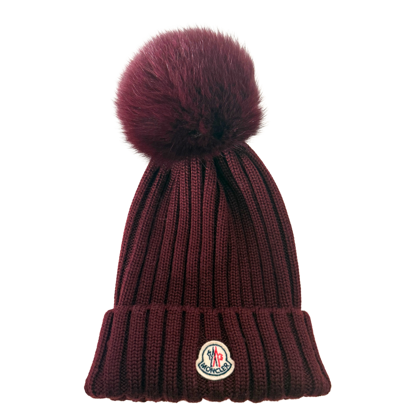 Moncler gerippte Strickmütze aus Wolle Weinrot / sehr gut