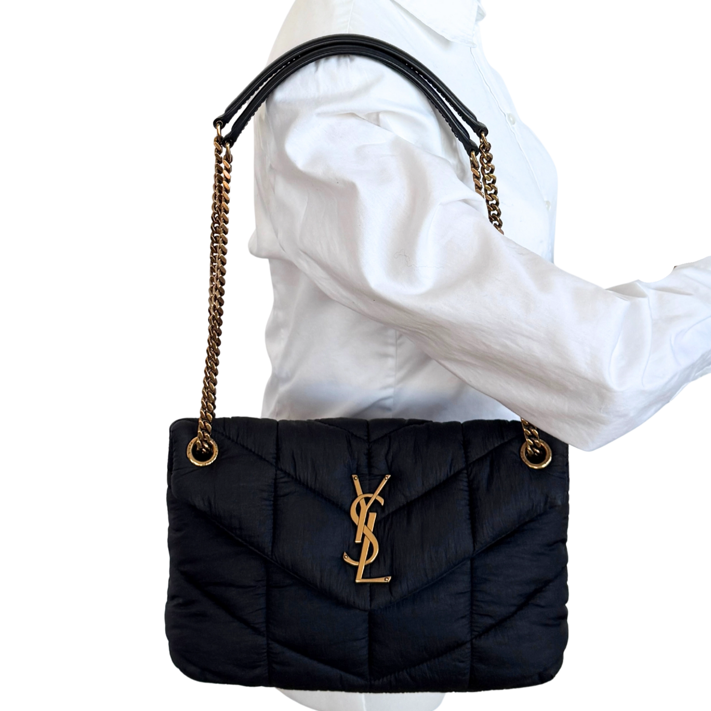 Saint Laurent LouLou Puffer Small Nylon Schultertasche Schwarz / sehr gut