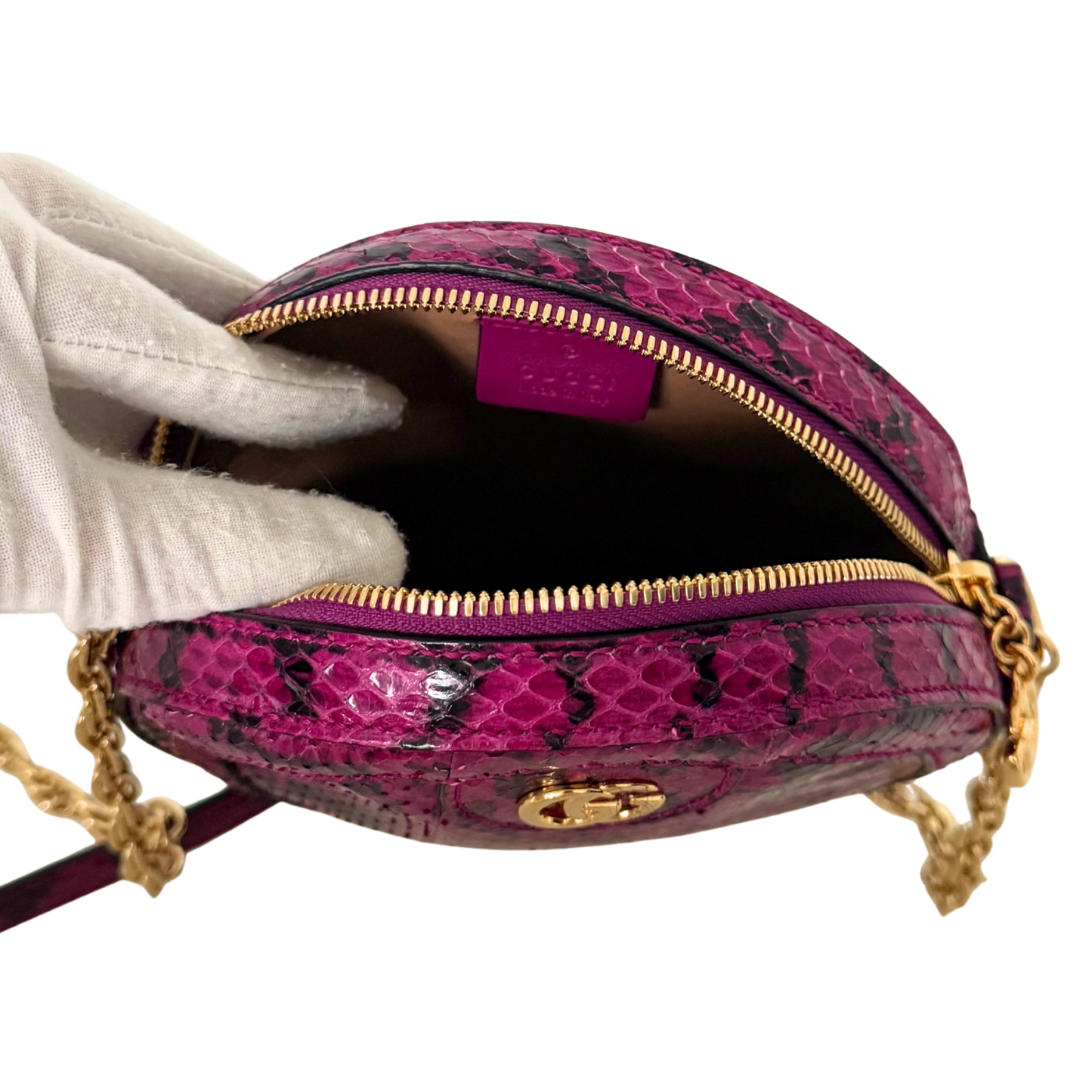Gucci Ophidia Mini Round Schultertasche aus Wasserschlangenleder Anemone / sehr gut Gucci