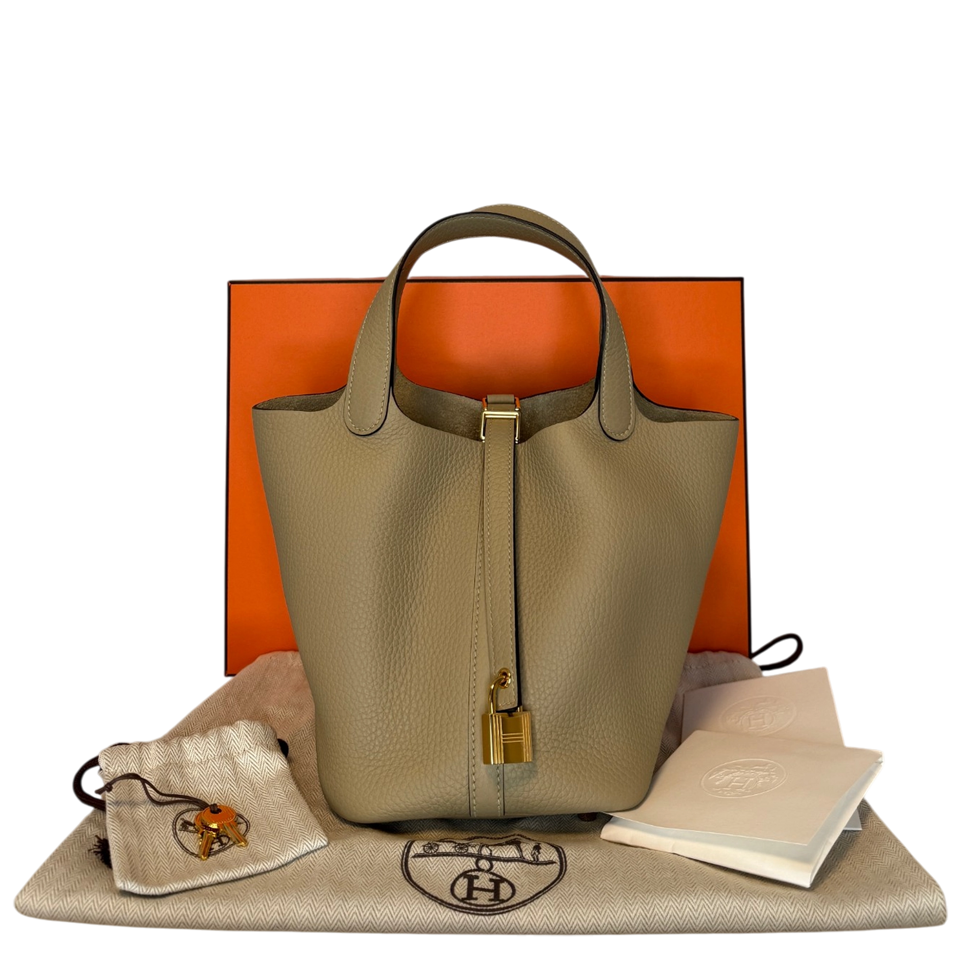 Hermès Picotin 18 Taurillon Clémence beige S2 Trench goldene Hardware 2025 Fullset / neuwertig Hermès