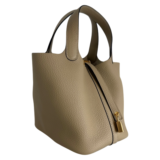 Hermès Picotin 18 Taurillon Clémence beige S2 Trench goldene Hardware 2025 Fullset / neuwertig Hermès