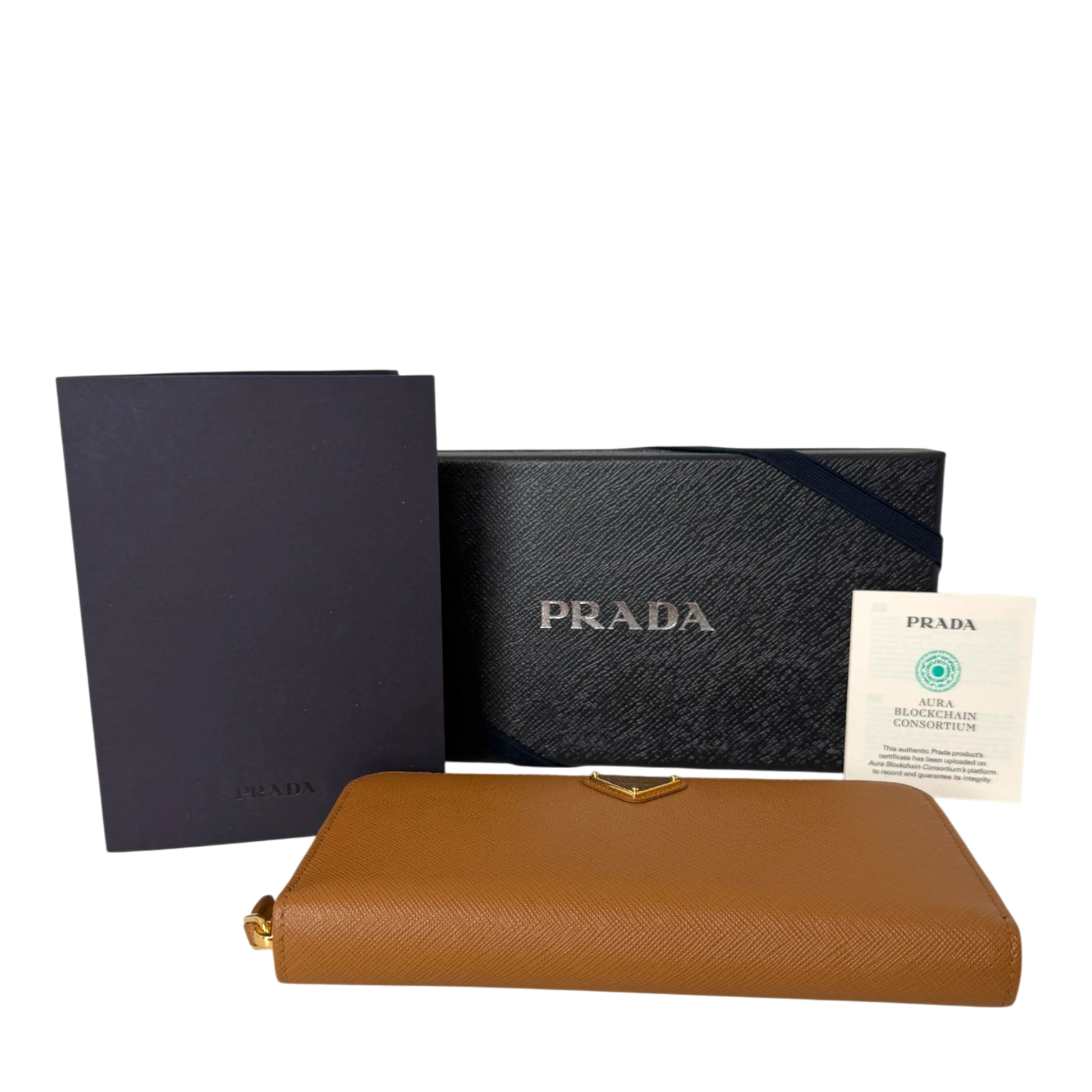 Prada Saffiano Zip Geldbörse Leder Karamell Fullset Prada