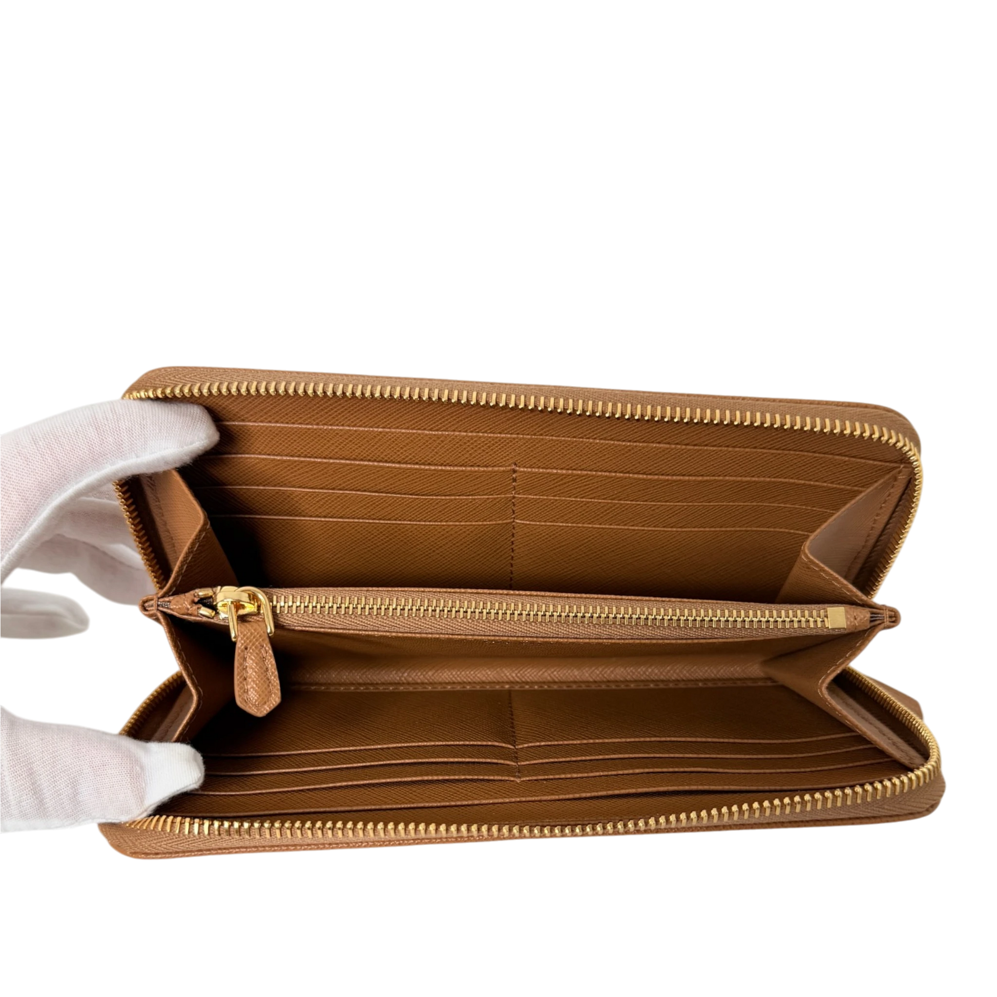 Prada Saffiano Zip Geldbörse Leder Karamell Fullset Prada