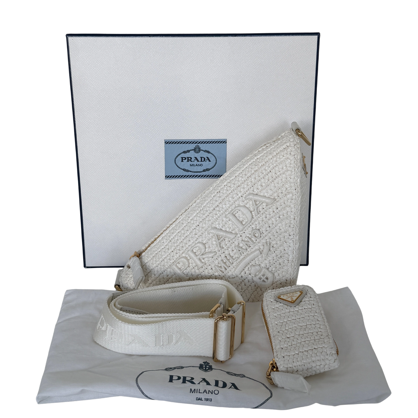 Prada Triangle Logo Zip Häkeltasche Raffia small weiß / neuwertig Prada