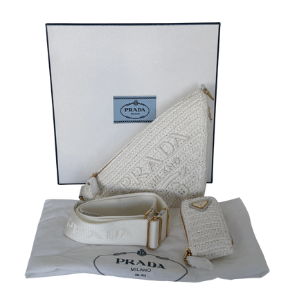Prada Triangle Logo Zip Häkeltasche Raffia small weiß / neuwertig Prada