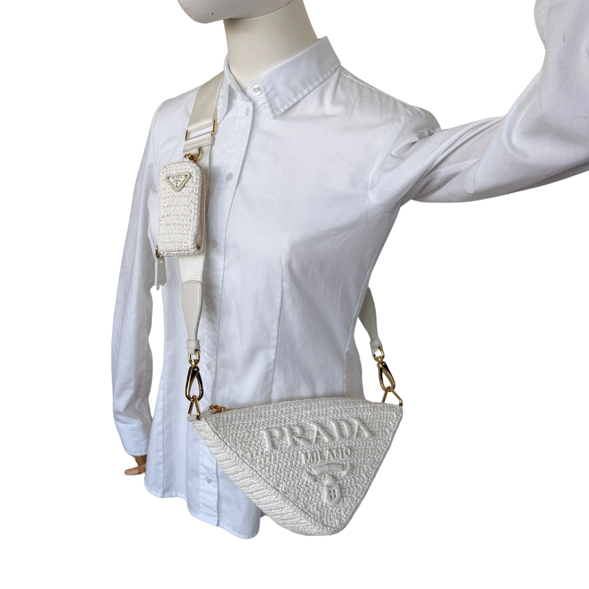 Prada Triangle Logo Zip Häkeltasche Raffia small weiß / neuwertig Prada