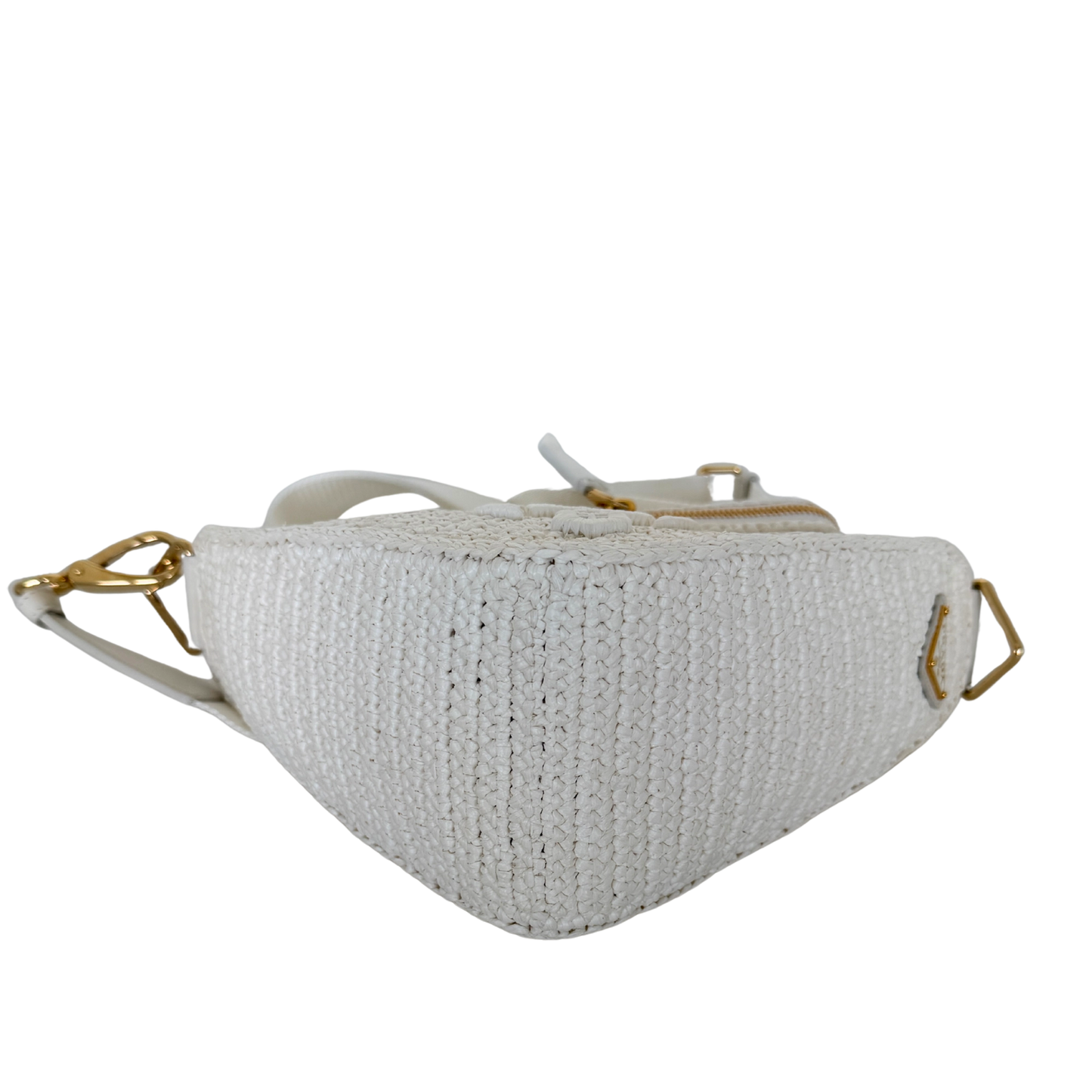 Prada Triangle Logo Zip Häkeltasche Raffia small weiß / neuwertig Prada