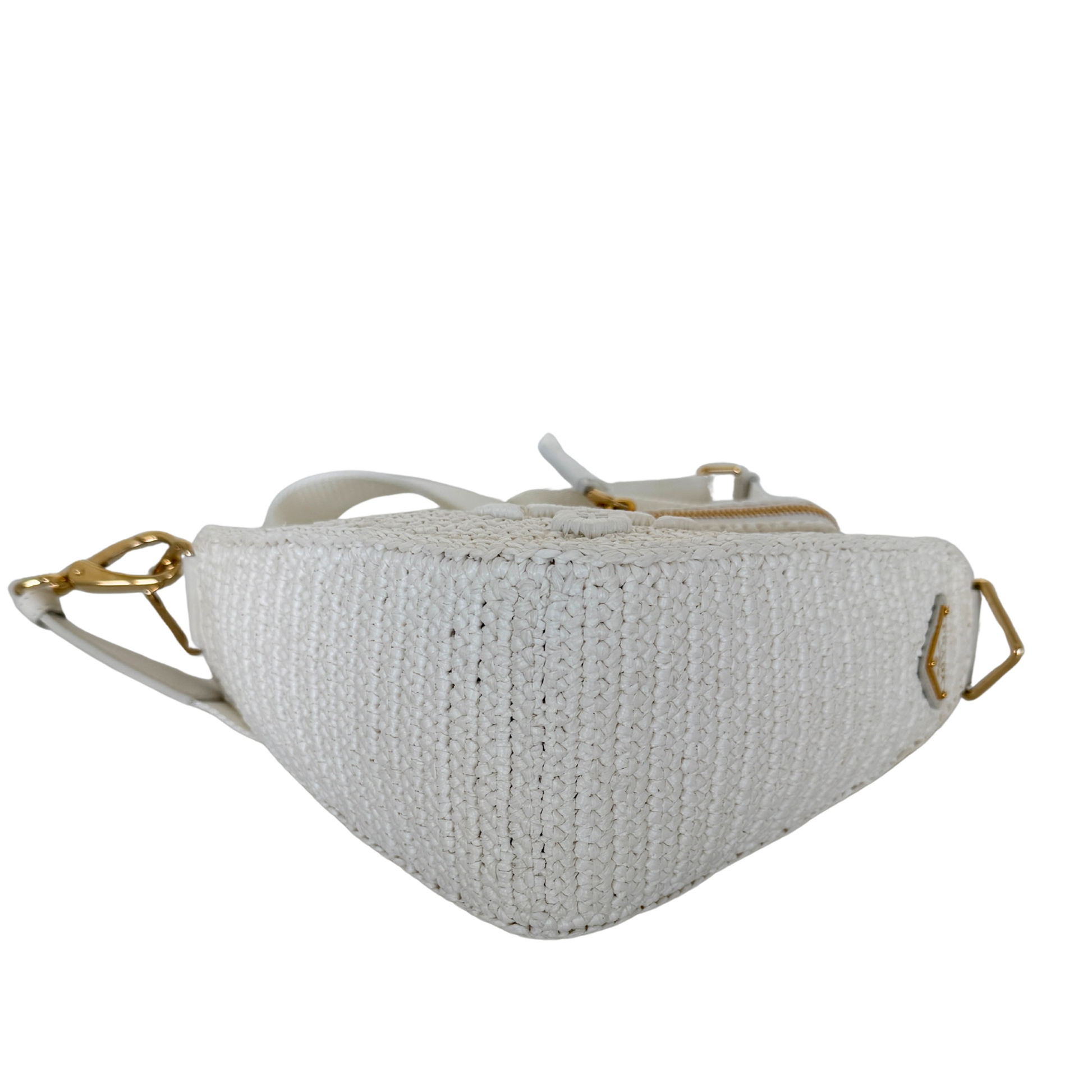 Prada Triangle Logo Zip Häkeltasche Raffia small weiß / neuwertig Prada