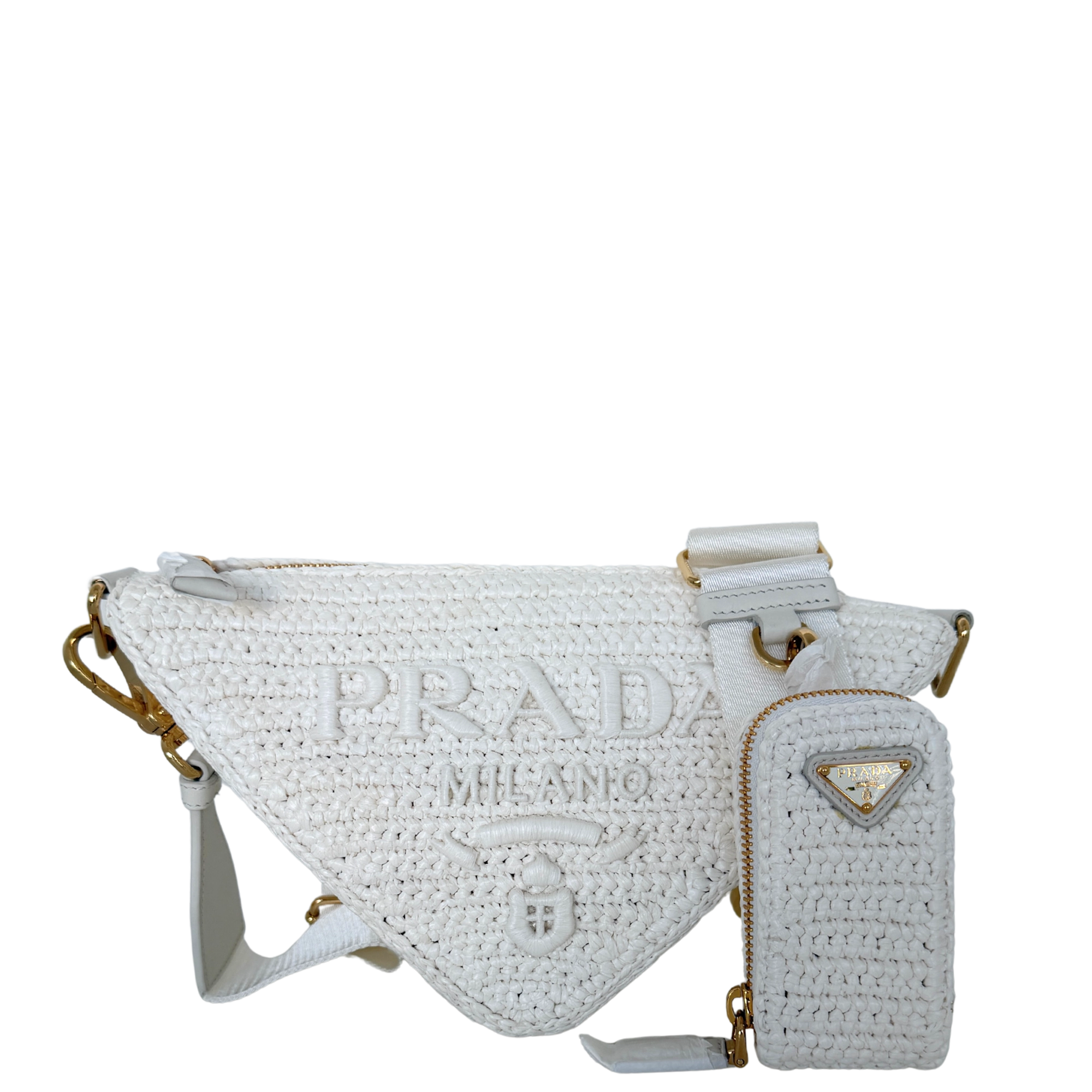 Prada Triangle Logo Zip Häkeltasche Raffia small weiß / neuwertig Prada