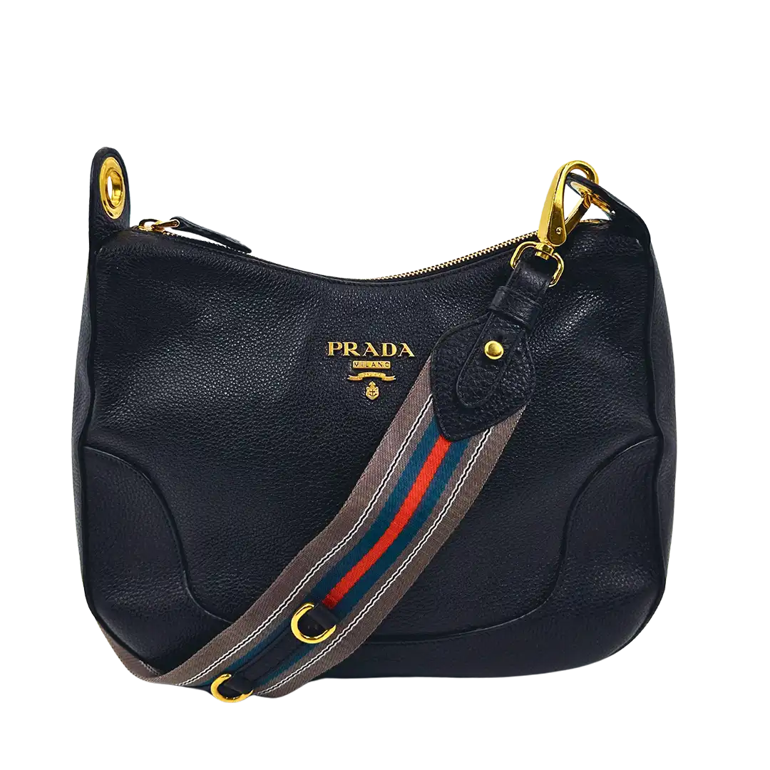 Prada Vitello Daino Zippered Messenger Hobo Bag schwarz / sehr gut Prada