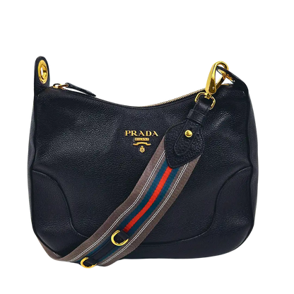 Prada Vitello Daino Zippered Messenger Hobo Bag schwarz / sehr gut Prada
