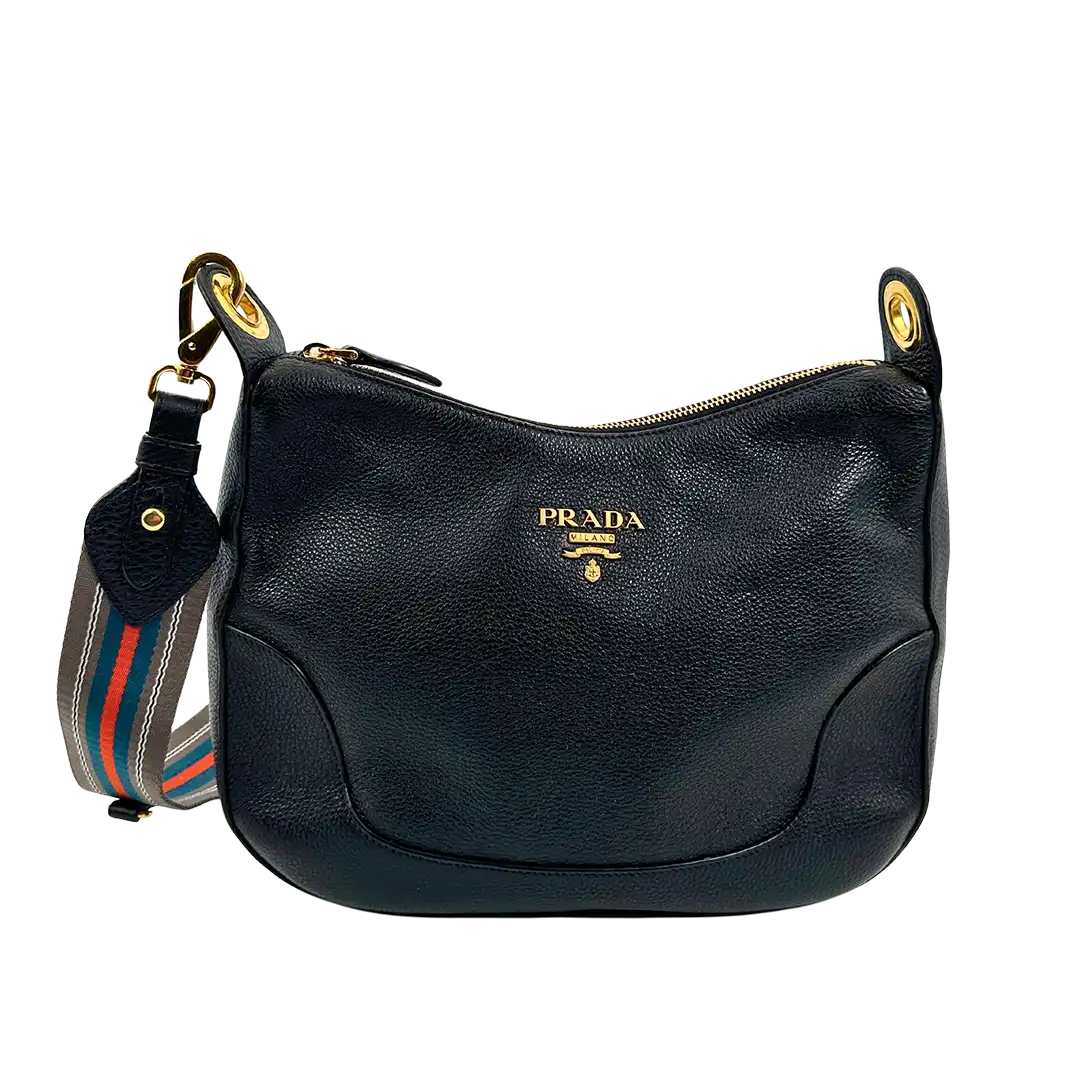 Prada Vitello Daino Zippered Messenger Hobo Bag schwarz / sehr gut Prada