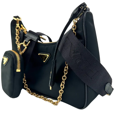 Prada Re-Edition 2005 Nylontasche schwarz gold Fullset / neu Prada