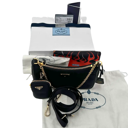 Prada Re-Edition 2005 Nylontasche schwarz gold Fullset neu