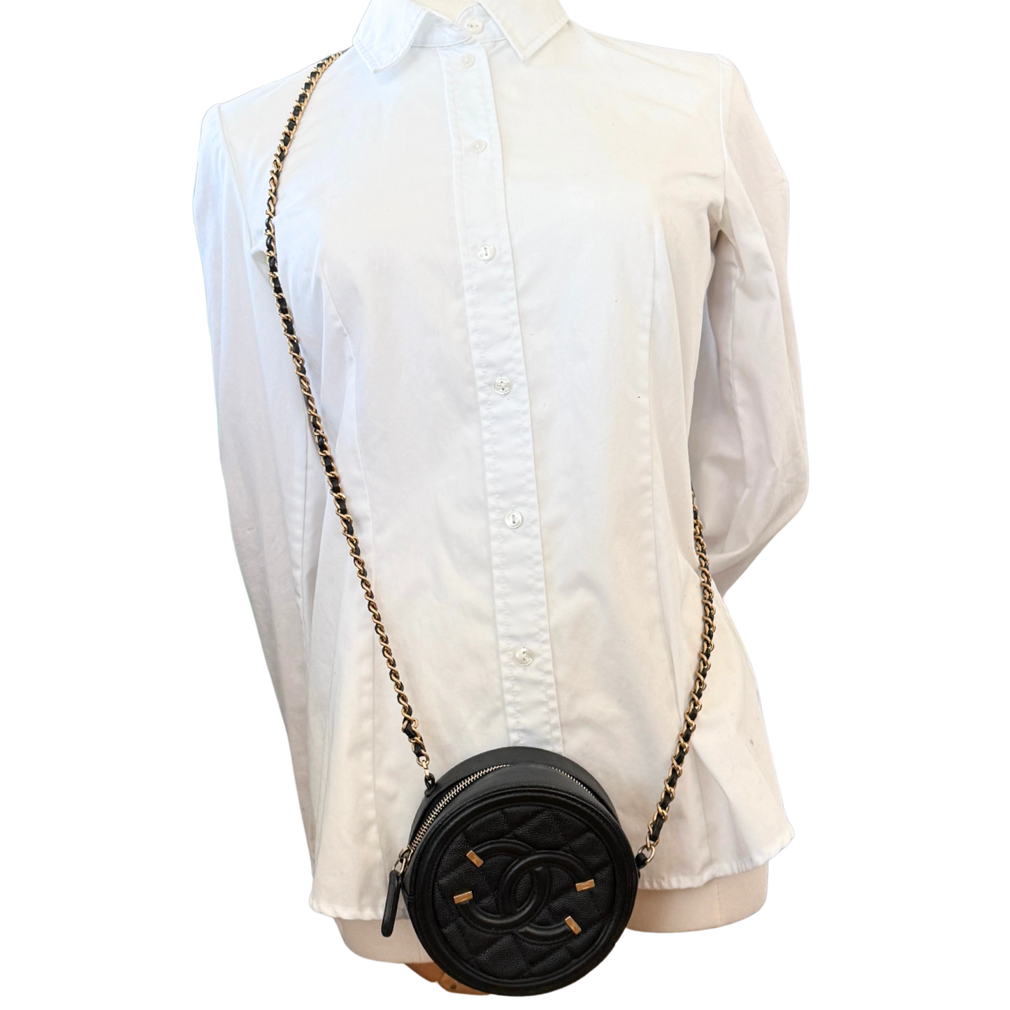 Chanel Runde CC Filigree Clutch aus Kaviarleder Schwarz / sehr gut Chanel